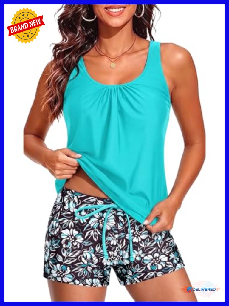 Two Piece Blouson Tankini With Boyshorts Modest Swim Set